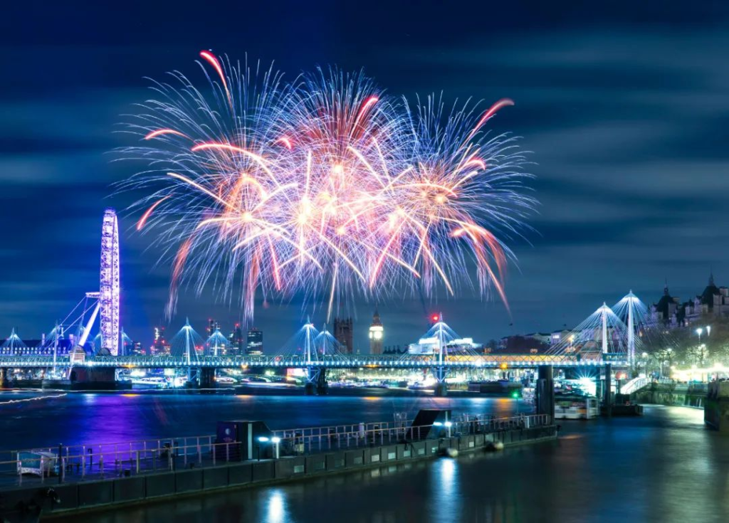 London Eye fireworks, New Year's Eve London, UK fireworks display